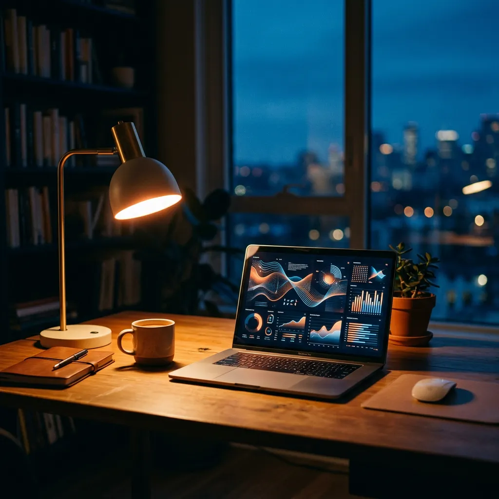 Laptop on an office desk lit by a warm lamp at dusk