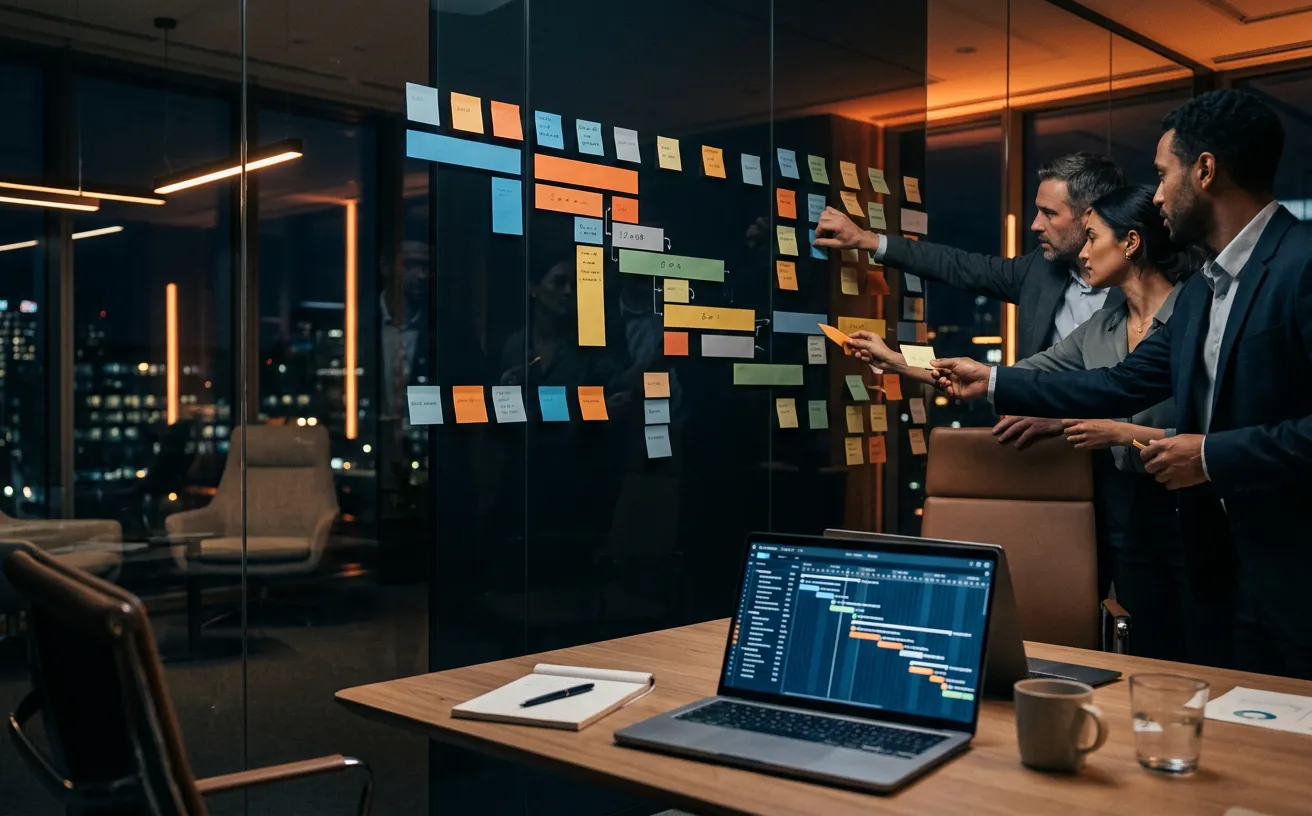 A team arranging a project roadmap on a glass wall during a planning session