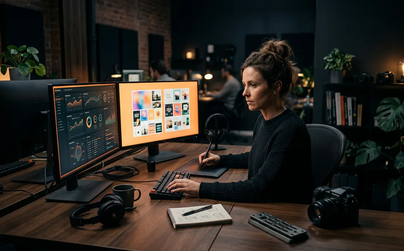 A marketing studio desk with monitors showing analytics dashboards and campaign layouts
